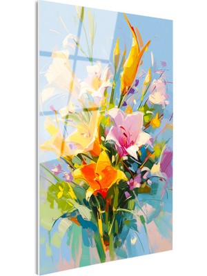 Tablofest Tamperli Gerçek Cam Tablo Soyut Fırça Darbeli Renkli Çiçekler Çiçek Tablosu Duvar Dekoru