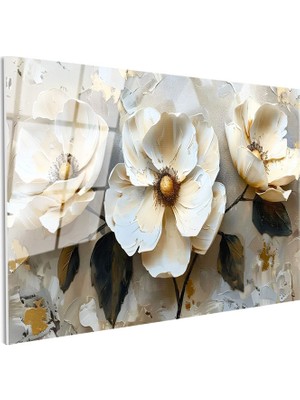 Tablofest Tamperli Gerçek Cam Tablo Kabartma Görünümlü Üçlü Çiçek Çiçek Tablosu Duvar Dekoru