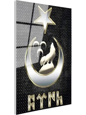 Tablofest Tamperli Gerçek Cam Tablo Bozkurt Hilal ve Göktürkçe Türk Yazısı Osmanlı Tablosu Duvar Dekoru