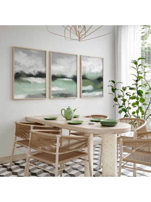 Pam Studio Yeşil Gri Tonlarında Soyut 3’lü Tablo Seti – Modern Minimal Duvar Dekoru