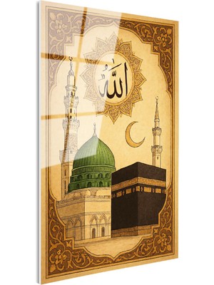 Tablofest Tamperli Gerçek Cam Tablo Kabe ve Mescidi Nebevi Yeşil Kubbe Dini Islami Tablo Duvar Dekoru