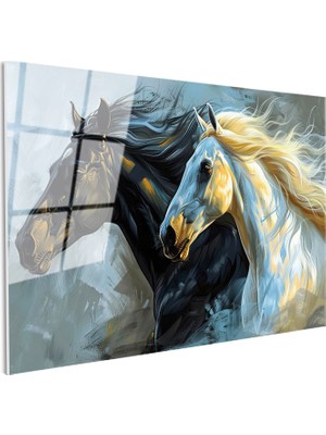 Tablofest Tamperli Gerçek Cam Tablo Yeleli Iki At Portresi At Tablosu Duvar Dekoru