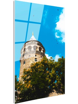 Tablofest Tamperli Gerçek Cam Tablo Galata Kulesi ve Yeşil Ağaçlar Şehir Mimari Tablo Duvar Dekoru