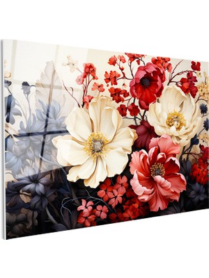 Tablofest Tamperli Gerçek Cam Tablo Çoklu Çiçek Kompozisyonu Çiçek Tablosu Duvar Dekoru