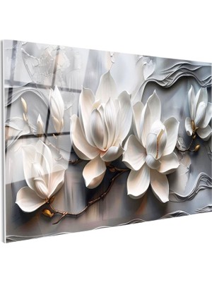 Tablofest Tamperli Gerçek Cam Tablo Kabartma Görünümlü Manolyalar Çiçek Tablosu Duvar Dekoru