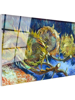 Tablofest Tamperli Gerçek Cam Tablo Vincent Van Gogh Kurumuş Ayçiçekleri Mavi Zemin Ressam Tablosu Dekoru