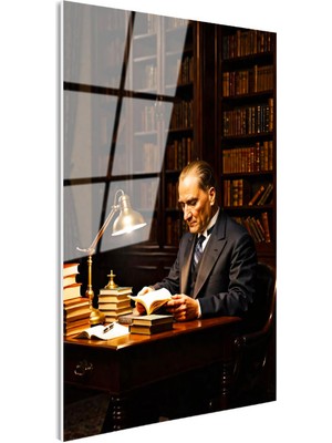 Tablofest Tamperli Gerçek Cam Tablo Atatürk Kütüphane Kitap Okuma Atatürk Tablosu Duvar Dekoru