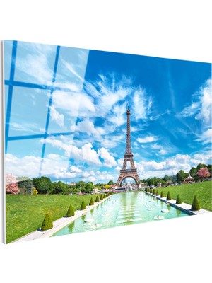 Tablofest Tamperli Gerçek Cam Tablo Paris Eyfel Kulesi Su Havuzu Şehir Mimari Tablo Duvar Dekoru