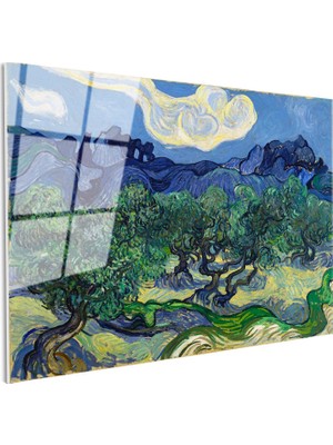 Tablofest Tamperli Gerçek Cam Tablo Van Gogh Zeytin Ağaçları Mavi Dağlar Bulutlu Ressam Tablosu Duvar Dekoru
