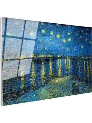 Tablofest Tamperli Gerçek Cam Tablo Van Gogh Rhone Üzerinde Yıldızlı Gece Rıhtım Ressam Tablosu Duvar Dekoru