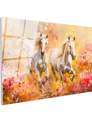 Tablofest Tamperli Gerçek Cam Tablo Sanatsal Çizim Beyaz Atlar At Tablosu Duvar Dekoru