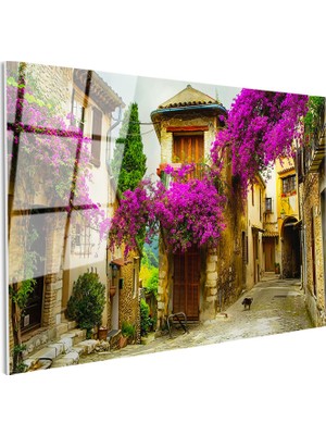Tablofest Tamperli Gerçek Cam Tablo Begonvilli ve Çiçekli Taş Sokak Şehir ve Mimari Tablo Duvar Dekoru
