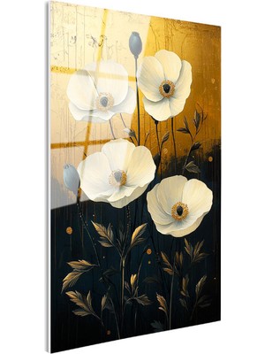 Tablofest Tamperli Gerçek Cam Tablo Eskitme Altın Zeminli Beyaz Gelincik Çiçek Tablosu Duvar Dekoru