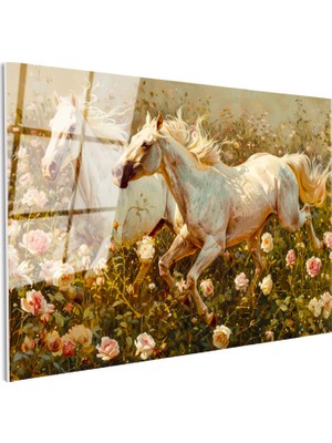 Tablofest Tamperli Gerçek Cam Tablo Gül Bahçesindeki Atlar At Tablosu Duvar Dekoru