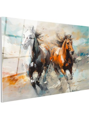 Tablofest Tamperli Gerçek Cam Tablo Fırça Darbeli Koşan Iki At At Tablosu Duvar Dekoru