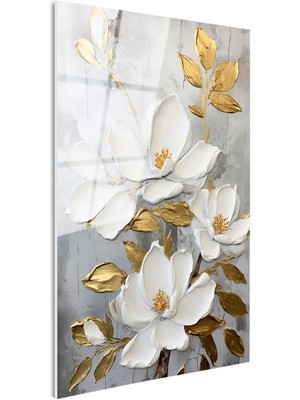 Tablofest Tamperli Gerçek Cam Tablo Kabartma Görünümlü Altın Manolya Çiçek Tablosu Duvar Dekoru