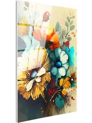 Tablofest Tamperli Gerçek Cam Tablo Soyut Fırça Darbeli Çiçekler Çiçek Tablosu Duvar Dekoru