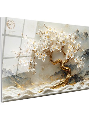 Tablofest Tamperli Gerçek Cam Tablo Dağ Manzaralı Altın Gövdeli Ağaç Çiçek Tablosu Duvar Dekoru