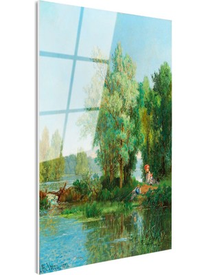 Tablofest Tamperli Gerçek Cam Tablo Leon Richet Göl Kenarı Balık Tutan Figür Yaz Ressam Tablosu Duvar Dekoru