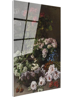 Tablofest Tamperli Gerçek Cam Tablo Claude Monet Sepetli Çiçekler Canlı Renkler Ressam Tablosu Dekoru