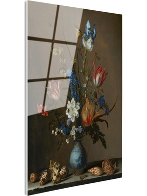 Tablofest Tamperli Gerçek Cam Tablo Jan Van Huysum Vazolu Çiçekler Deniz Kabukları Ressam Tablosu Dekoru