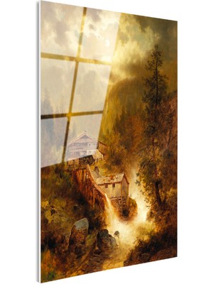 Tablofest Tamperli Gerçek Cam Tablo M. M. K. Kır Evi Şelale Dere Işık Gece Ressam Tablosu Duvar Dekoru