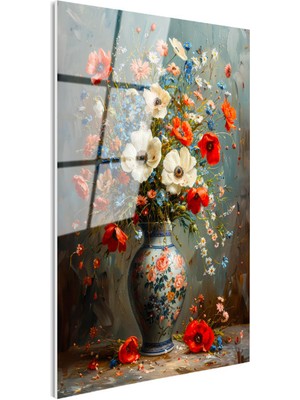 Tablofest Tamperli Gerçek Cam Tablo Porselen Vazoda Kır Çiçekleri Çiçek Tablosu Duvar Dekoru