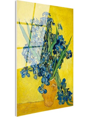 Tablofest Tamperli Gerçek Cam Tablo Vincent Van Gogh Mavi Irisler Sarı Fonlu Vazo Ressam Tablosu Dekoru