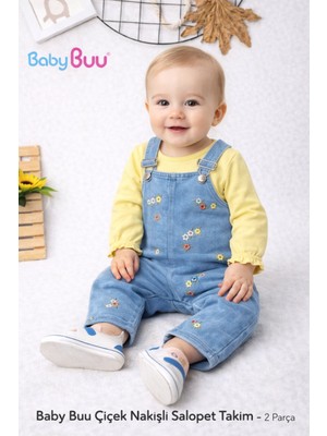 Baby Buu Kız Bebek Çiçek Nakışlı Kot Salopet & Uzun Kollu Tişört Takımı