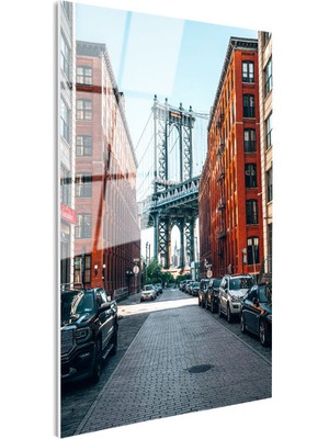 Tablofest Tamperli Gerçek Cam Tablo New York Köprüsü ve Tuğla Binalar Şehir Mimari Tablo Duvar Dekoru