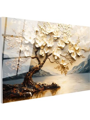 Tablofest Tamperli Gerçek Cam Tablo Manolya Ağacı Manzaralı Çiçek Tablosu Duvar Dekoru