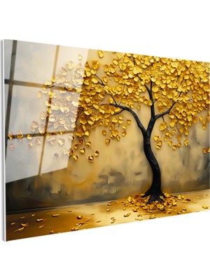 Tablofest Tamperli Gerçek Cam Tablo Altın Yapraklı Estetik Ağaç Çiçek Tablosu Duvar Dekoru