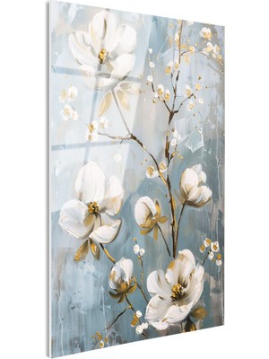 Tablofest Tamperli Gerçek Cam Tablo Altın Yaldız Detaylı Beyaz Dallar Çiçek Tablosu Duvar Dekoru