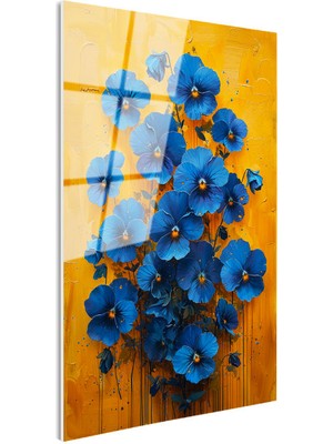 Tablofest Tamperli Gerçek Cam Tablo Sarı Zeminli Mavi Menekşeler Çiçek Tablosu Duvar Dekoru