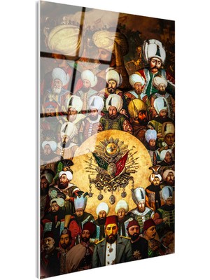 Tablofest Tamperli Gerçek Cam Tablo Tüm Padişahlar ve Devlet Arması Osmanlı Tablosu Duvar Dekoru