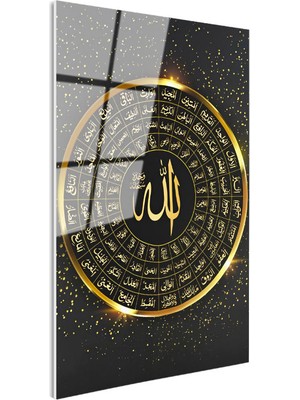 Tablofest Tamperli Gerçek Cam Tablo Esmaül Hüsna Yuvarlak Tasarım Siyah Fon Dini Islami Tablo Duvar Dekoru