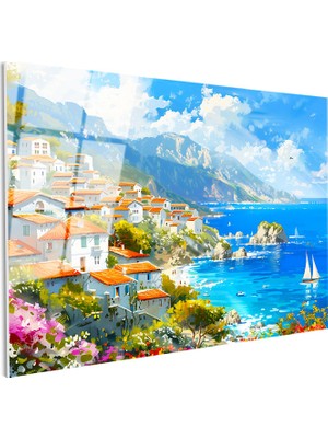 Tablofest Tamperli Gerçek Cam Tablo Akdeniz Sahil Kasabası Yelkenli ve Deniz Manzara Tablosu Duvar Dekoru