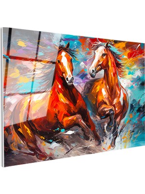 Tablofest Tamperli Gerçek Cam Tablo Sanatsal Boyama Tekniği Ikili At Tablosu Duvar Dekoru