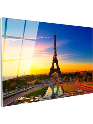 Tablofest Tamperli Gerçek Cam Tablo Eyfel Kulesi Gün Doğumu Trocadero Şehir Mimari Tablo Duvar Dekoru
