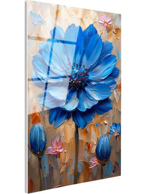 Tablofest Tamperli Gerçek Cam Tablo Kabartma Görünümlü Mavi Çiçek Tablosu Duvar Dekoru