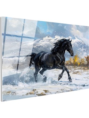 Tablofest Tamperli Gerçek Cam Tablo Karlı Zemin Koşan Siyah At Tablosu Duvar Dekoru