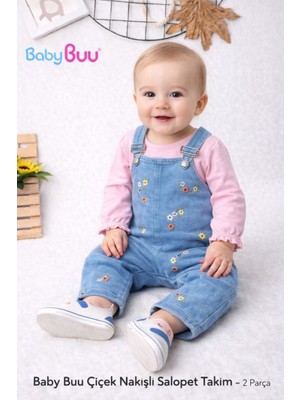 Baby Buu Kız Bebek Çiçek Nakışlı Kot Salopet & Uzun Kollu Tişört Takımı