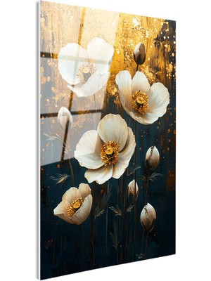 Tablofest Tamperli Gerçek Cam Tablo Altın Efektli Zemin Beyaz Çiçekler Çiçek Tablosu Duvar Dekoru