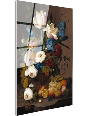 Tablofest Tamperli Gerçek Cam Tablo Severin Roesen Lale ve Meyve Tabağı Beyaz Gül Ressam Tablosu Duvar Dekoru