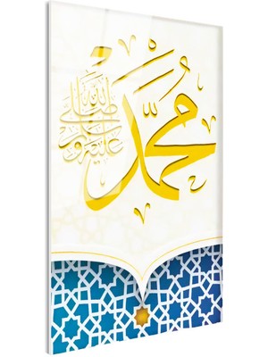 Tablofest Tamperli Gerçek Cam Tablo Hz Muhammed Yazısı Mavi Geometrik Dini Islami Tablo Duvar Dekoru