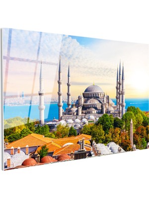 Tablofest Tamperli Gerçek Cam Tablo Sultanahmet Camii ve Ağaçlar Şehir Mimari Tablo Duvar Dekoru