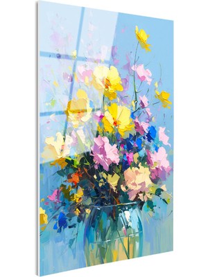 Tablofest Tamperli Gerçek Cam Tablo Mavi Vazoda Sarı ve Pembe Çiçekler Çiçek Tablosu Duvar Dekoru