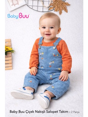 Baby Buu Kız Bebek Çiçek Nakışlı Kot Salopet & Uzun Kollu Tişört Takımı