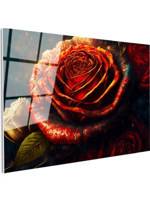 Tablofest Tamperli Gerçek Cam Tablo Alev Görünümlü Kırmızı Gül Çiçek Tablosu Duvar Dekoru