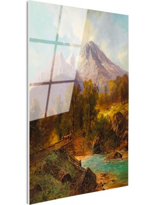 Tablofest Tamperli Gerçek Cam Tablo Andreas Achenbach Dağlık Manzara Köprülü Dere Ressam Tablosu Dekoru